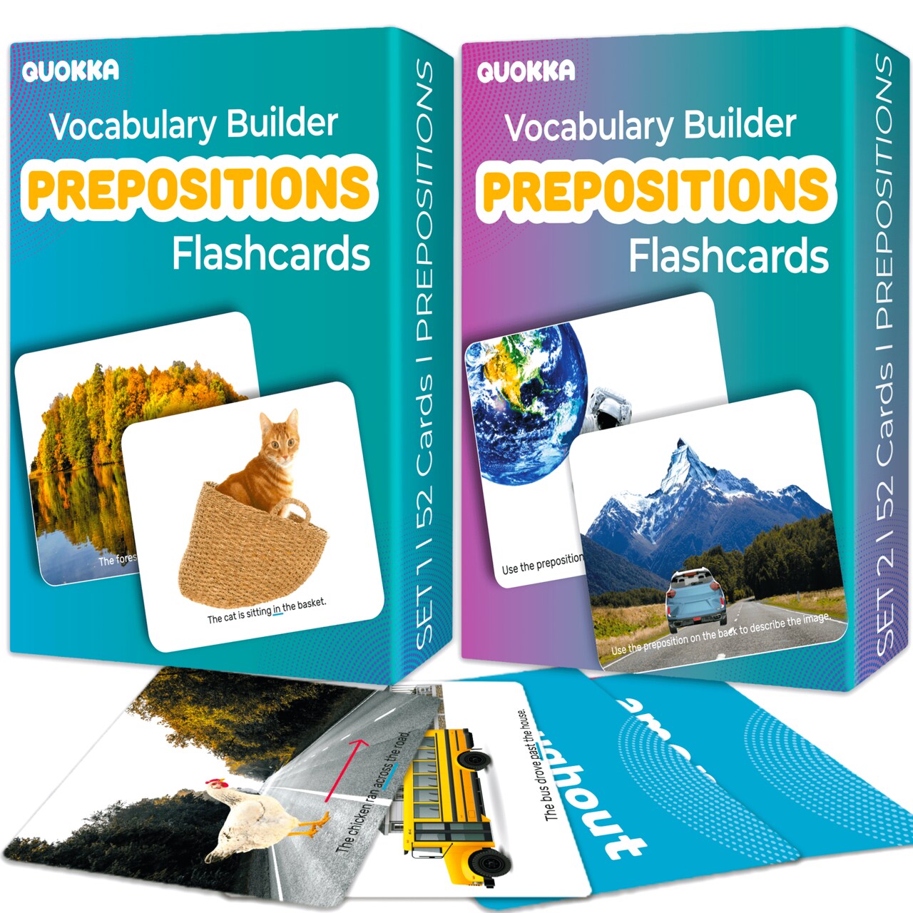 QUOKKA Set of 2 Learning Flash Cards 2x52 - Words&Sentences - Action Verbs - Vocabulary Builder